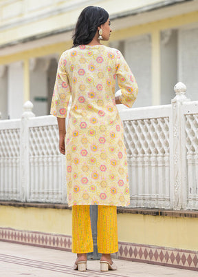 3 Pc Yellow Readymade Cotton Dupatta Suit Set