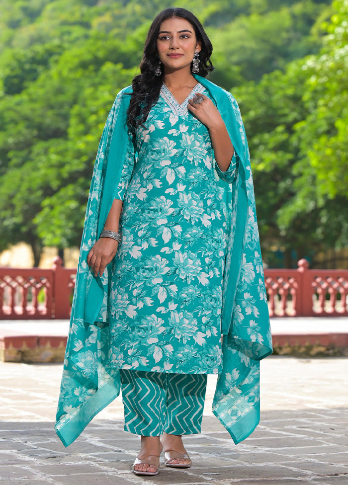 3 Pc Rama Green Readymade Cotton Dupatta Suit Set