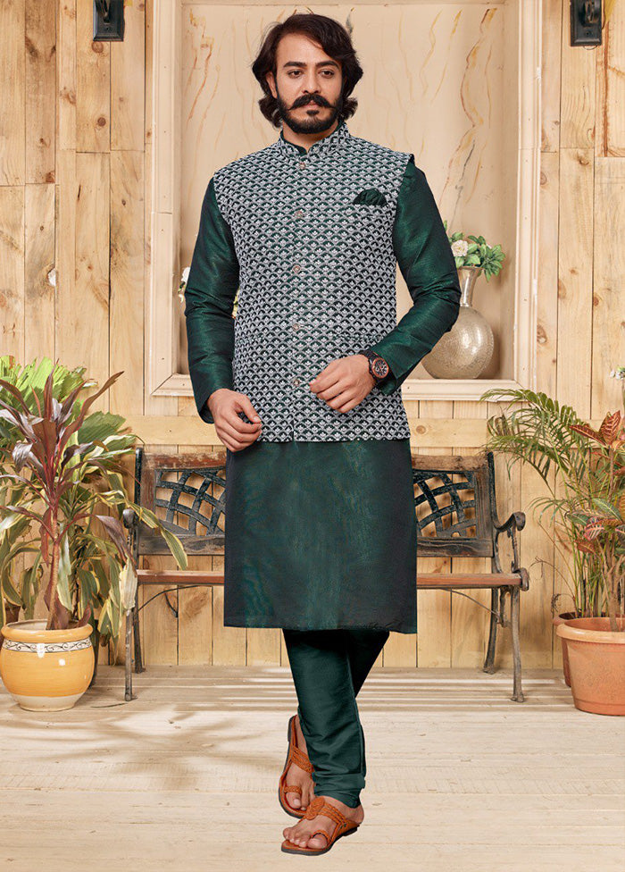 3 Pc Green Pure Silk Ethnic Wear - Indian Silk House Agencies