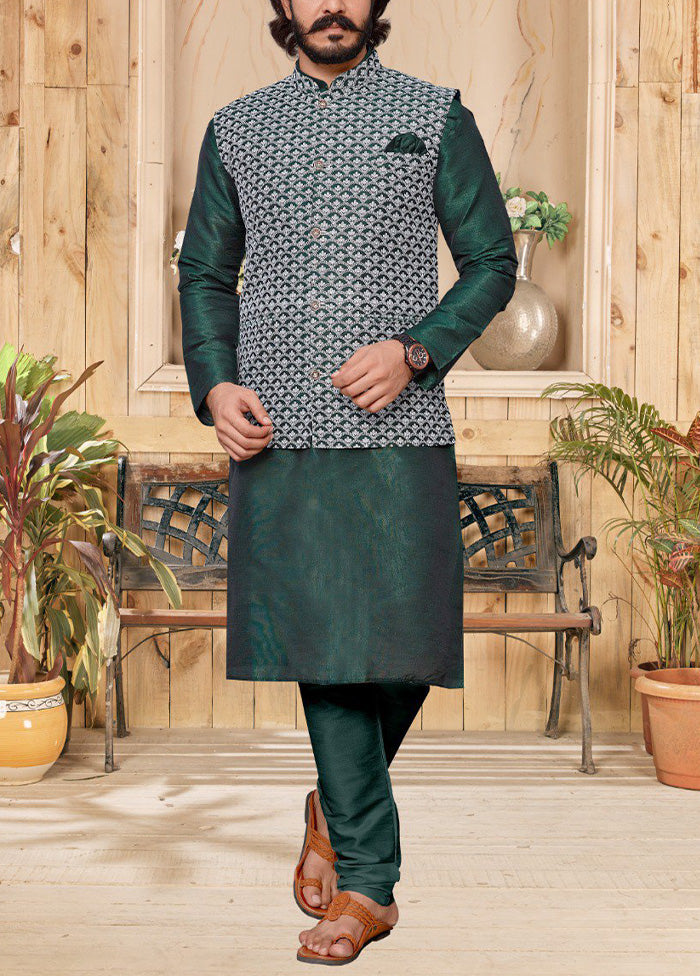 3 Pc Green Pure Silk Ethnic Wear - Indian Silk House Agencies