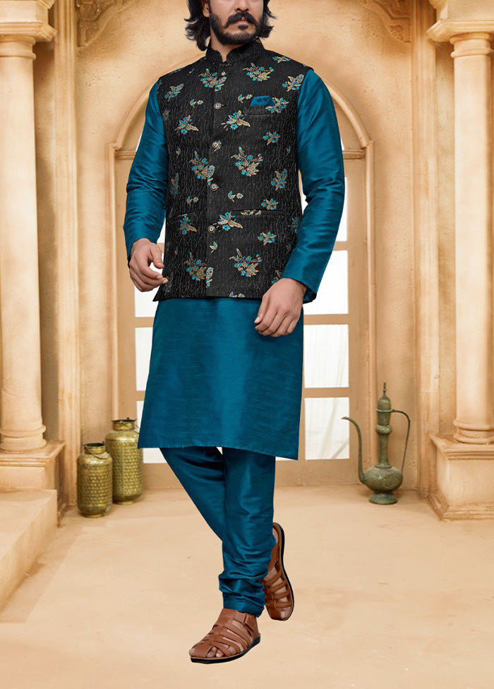 3 Pc Blue Pure Silk Ethnic Wear - Indian Silk House Agencies