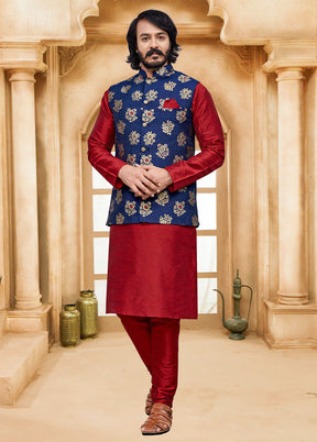3 Pc Red Pure Silk Ethnic Wear - Indian Silk House Agencies