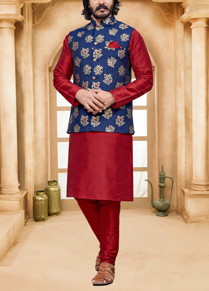 3 Pc Red Pure Silk Ethnic Wear - Indian Silk House Agencies