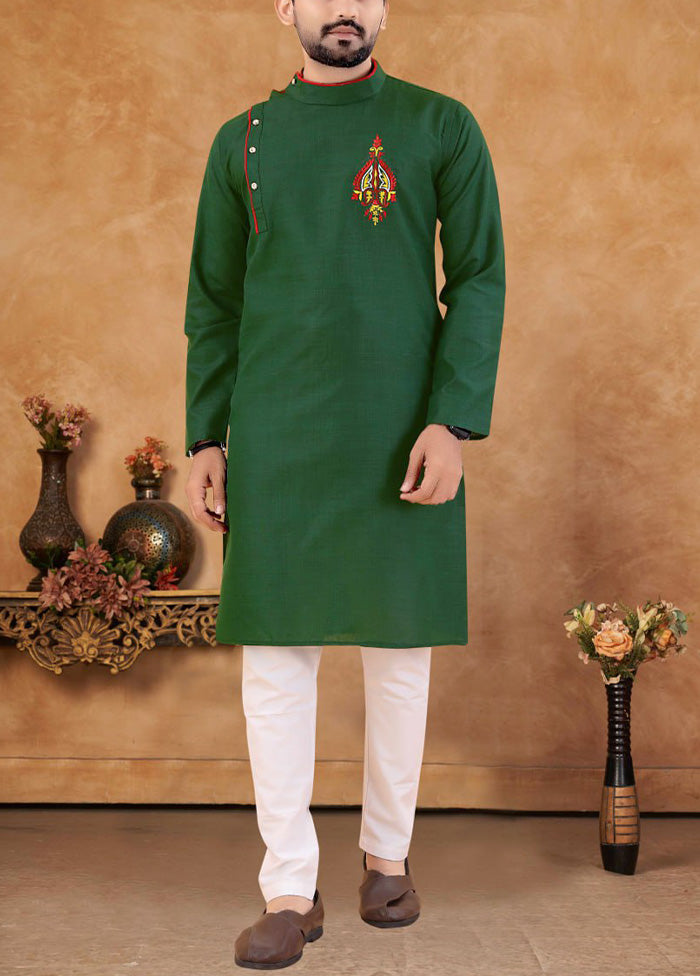 2 Pc Green Cotton Kurta And Pajama Set - Indian Silk House Agencies