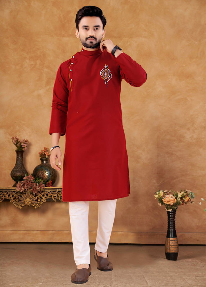 2 Pc Red Cotton Kurta And Pajama Set - Indian Silk House Agencies