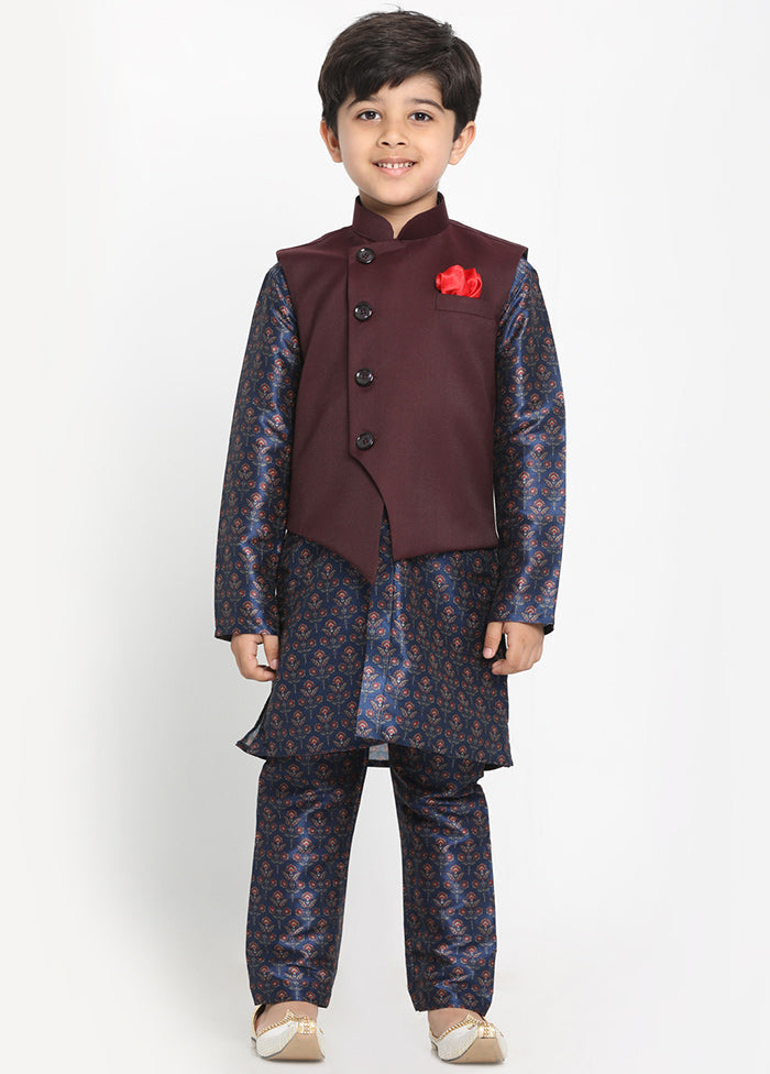 Navy Blue Silk Kurta Pajama Set With Jacket - Indian Silk House Agencies