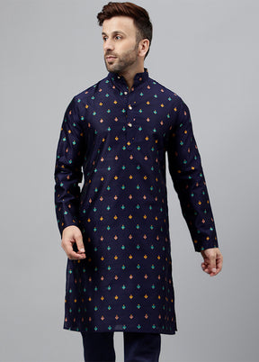 Blue Viscose Jacquard Long Kurta