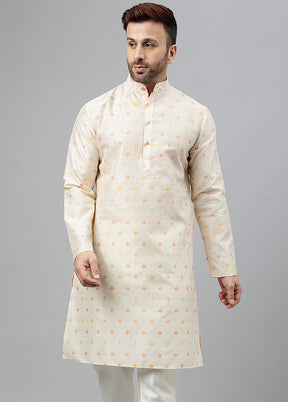 Off White Viscose Jacquard Long Kurta