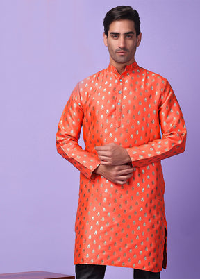 Red Silk Jacquard Knee Length Kurta