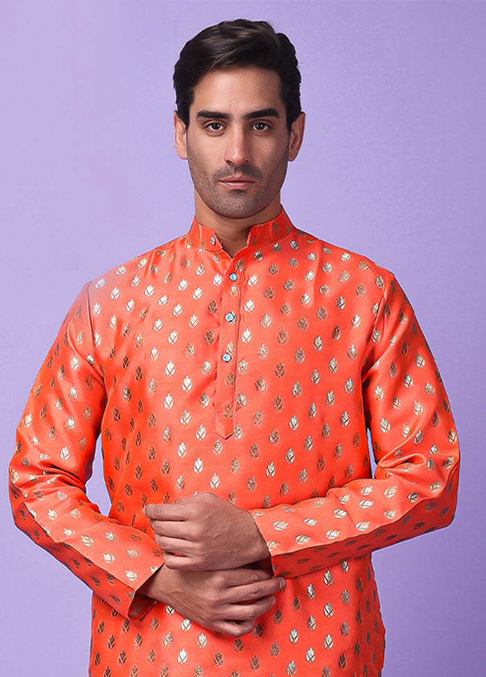 Red Silk Jacquard Knee Length Kurta