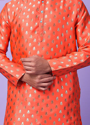 Red Silk Jacquard Knee Length Kurta