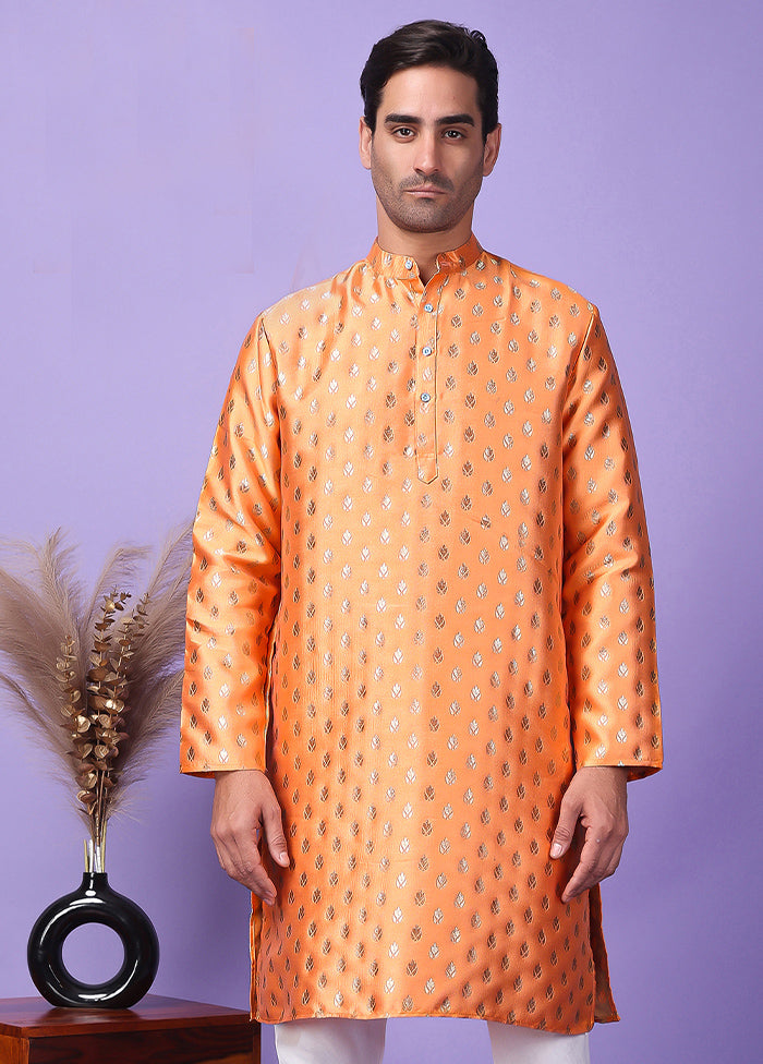 Orange Silk Jacquard Knee Length Kurta