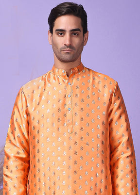 Orange Silk Jacquard Knee Length Kurta