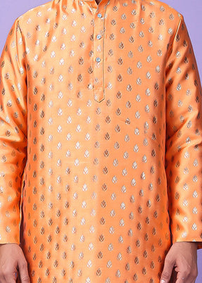 Orange Silk Jacquard Knee Length Kurta