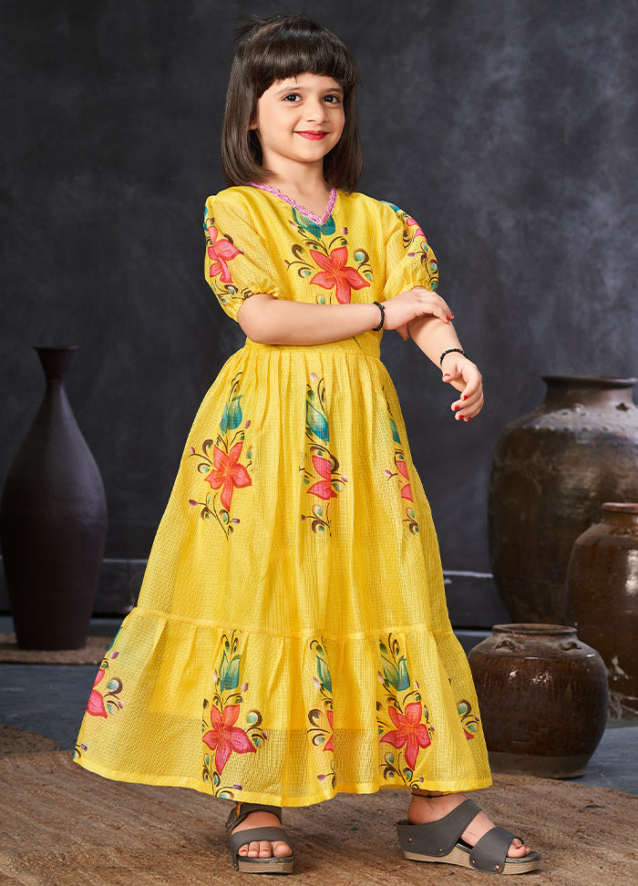 Yellow Kota Checks Frock For Girls - Indian Silk House Agencies
