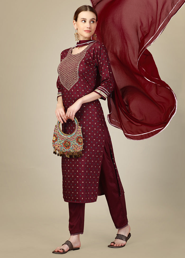 3 Pc Maroon Readymade Silk Suit Set