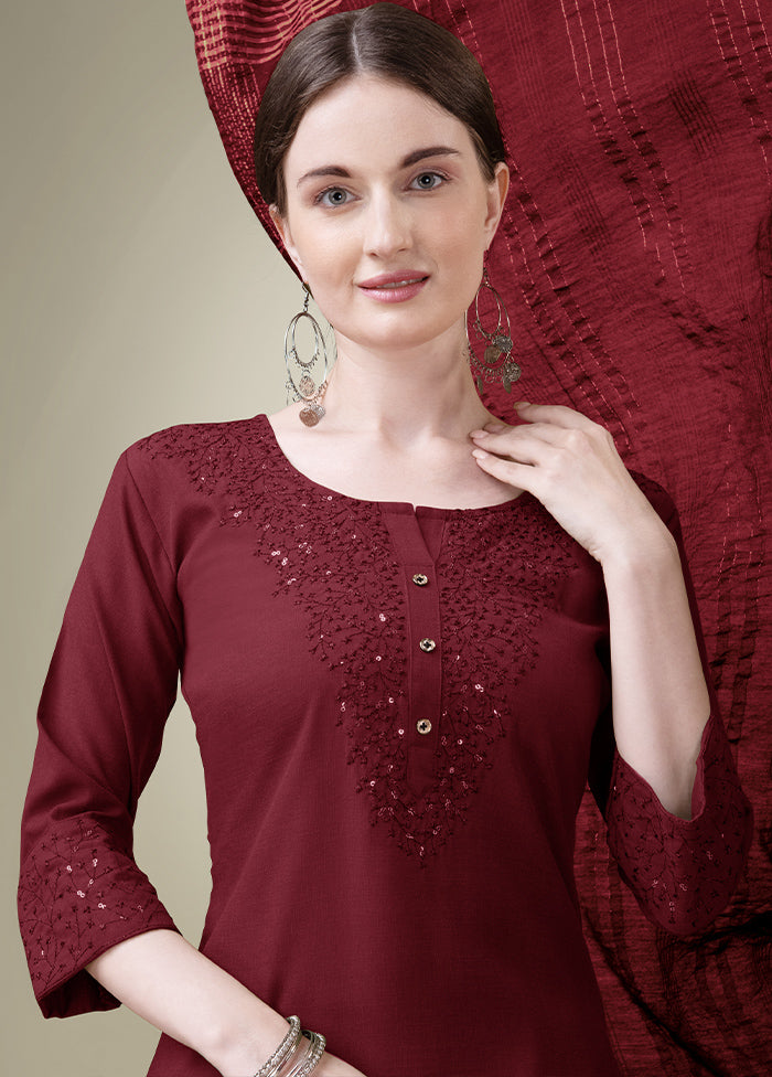 3 Pc Maroon Readymade Cotton Suit Set