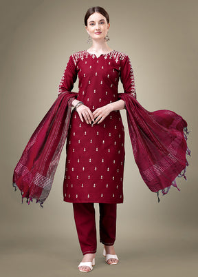 3 Pc Maroon Readymade Cotton Suit Set
