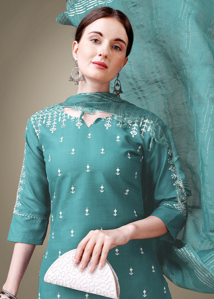 3 Pc Teal Readymade Cotton Suit Set