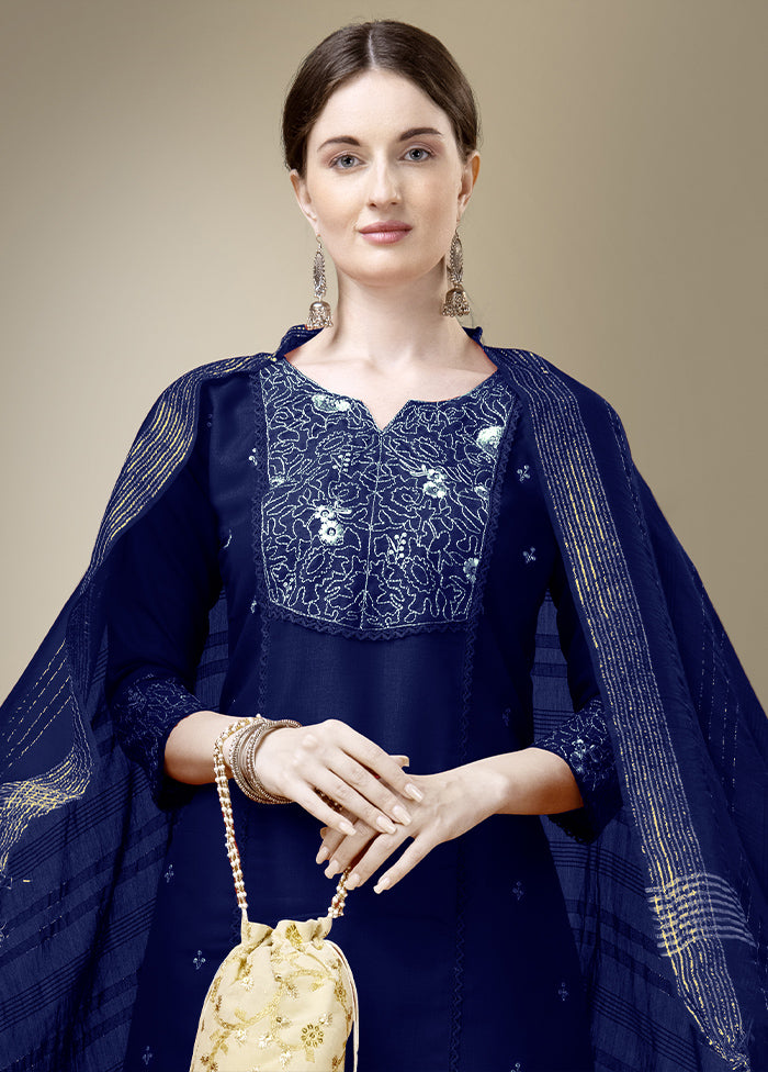 3 Pc Navy Blue Readymade Cotton Suit Set