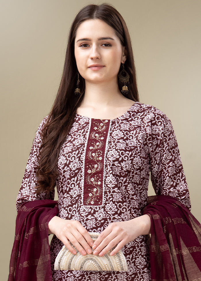 3 Pc Maroon Readymade Rayon Suit Set