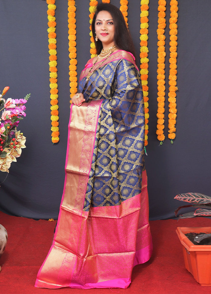 Navy Blue Kanchipuram Silk Saree With Blouse Piece