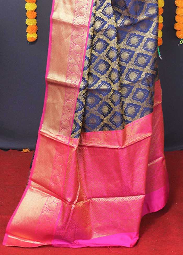 Navy Blue Kanchipuram Silk Saree With Blouse Piece