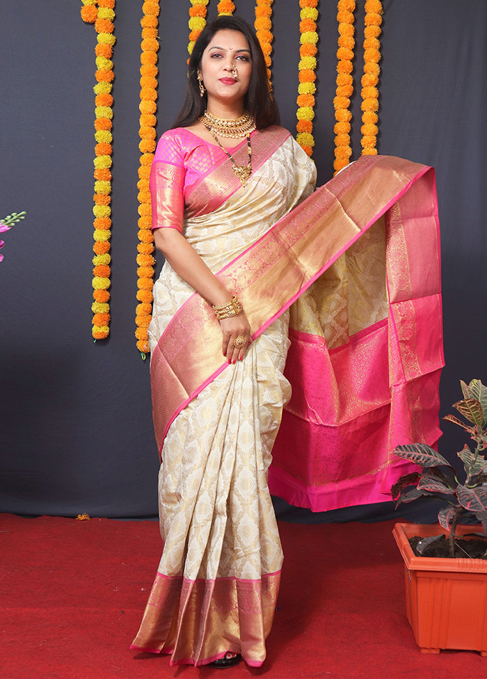 Off White Kanchipuram Silk Saree With Blouse Piece