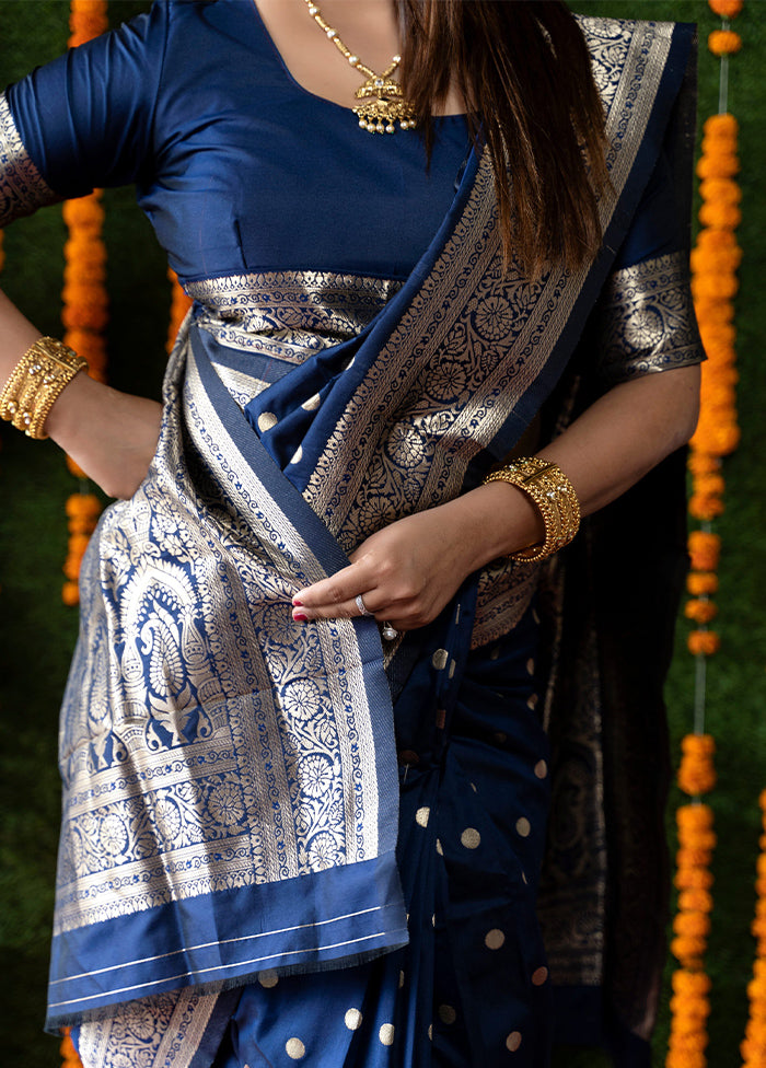 Navy Blue Banarasi Silk Saree With Blouse Piece