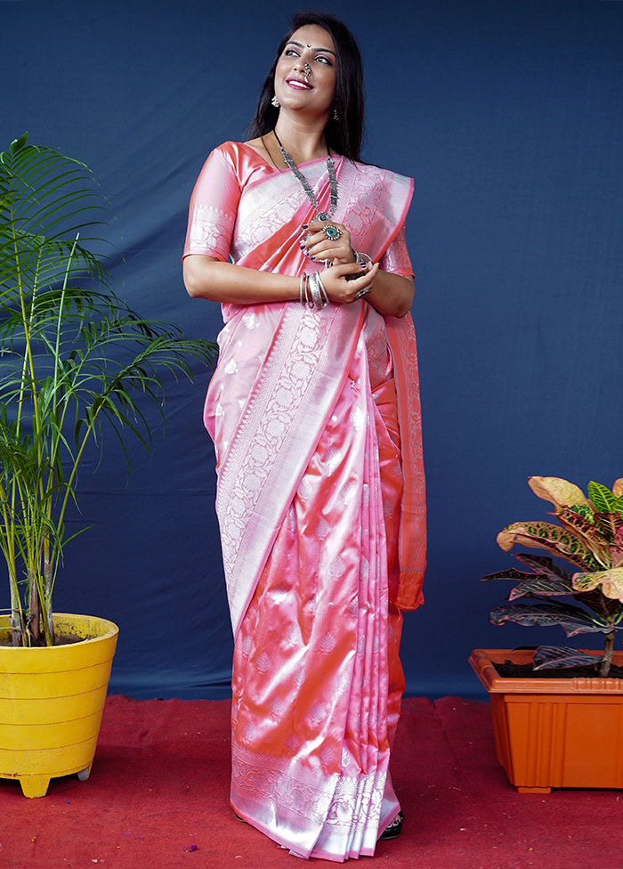 Peach Banarasi Silk Saree With Blouse Piece