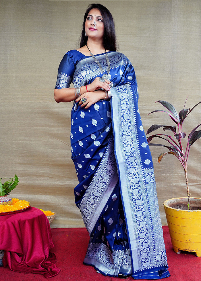 Navy Blue Banarasi Silk Saree With Blouse Piece