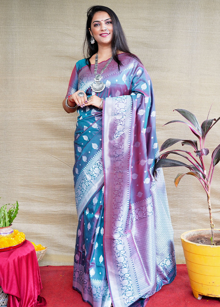 Blue Banarasi Silk Saree With Blouse Piece