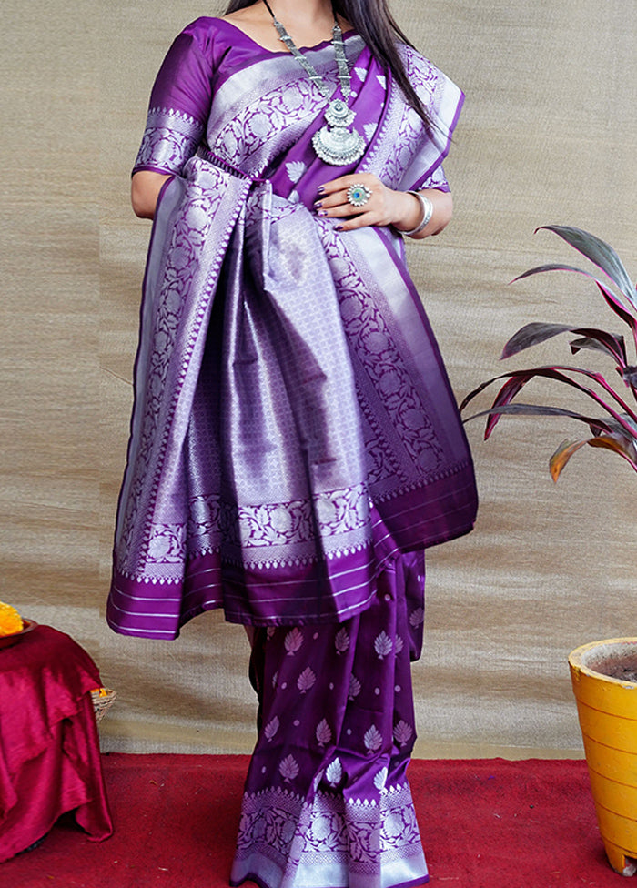 Purple Banarasi Silk Saree With Blouse Piece