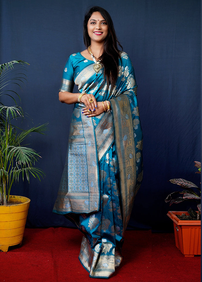 Teal Banarasi Silk Saree With Blouse Piece