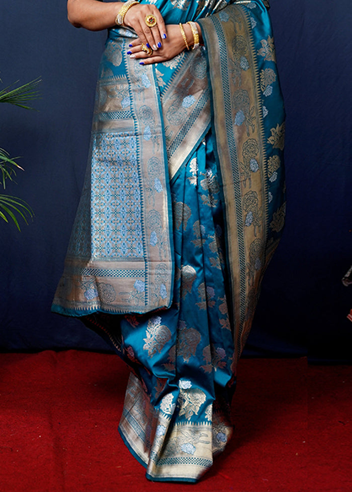 Teal Banarasi Silk Saree With Blouse Piece