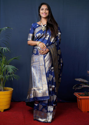 Navy Blue Banarasi Silk Saree With Blouse Piece