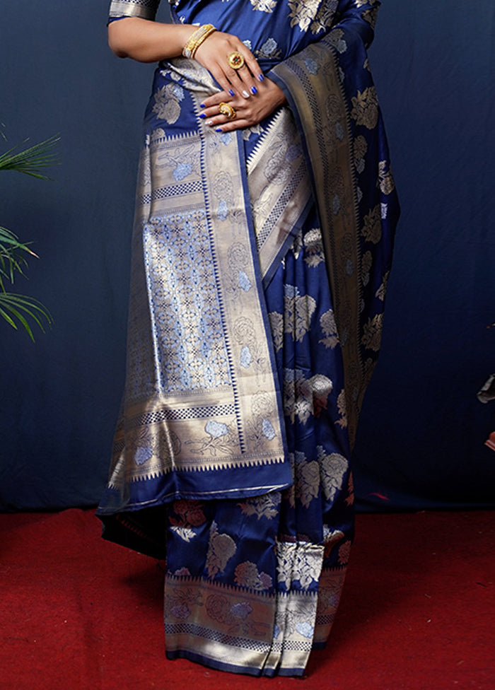 Navy Blue Banarasi Silk Saree With Blouse Piece