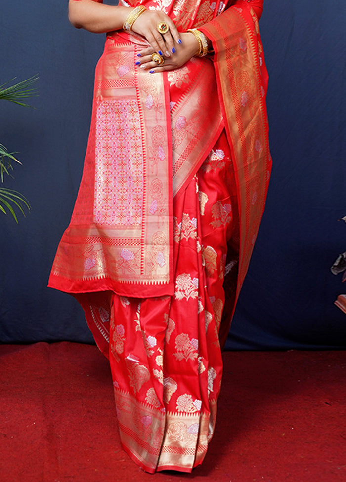 Red Banarasi Silk Saree With Blouse Piece