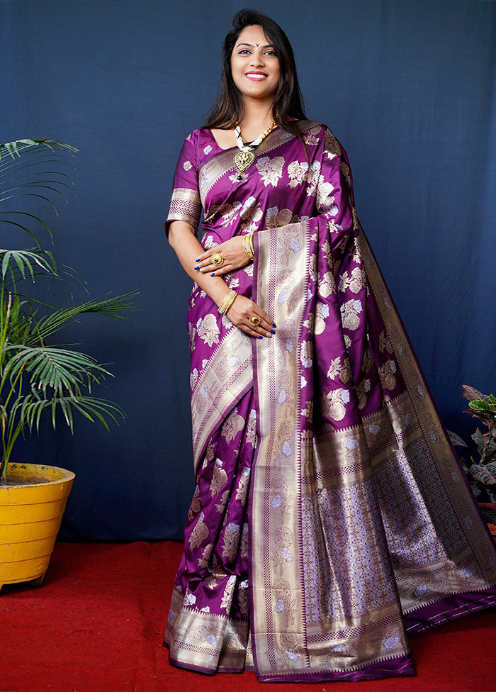 Wine Banarasi Silk Saree With Blouse Piece