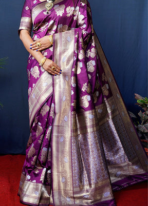 Wine Banarasi Silk Saree With Blouse Piece