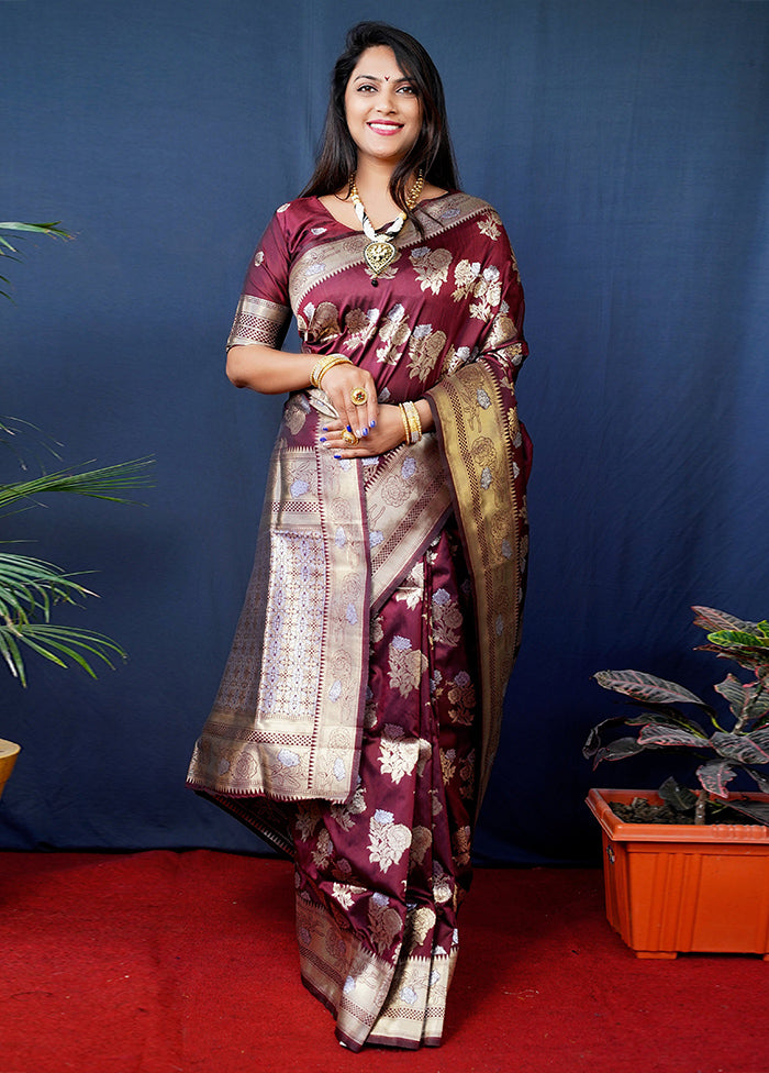 Maroon Banarasi Silk Saree With Blouse Piece