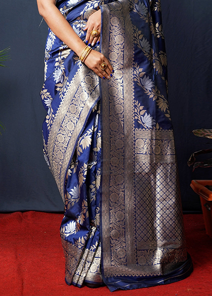 Navy Blue Banarasi Silk Saree With Blouse Piece