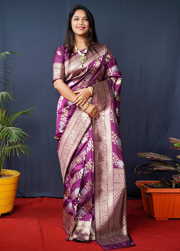 Wine Banarasi Silk Saree With Blouse Piece