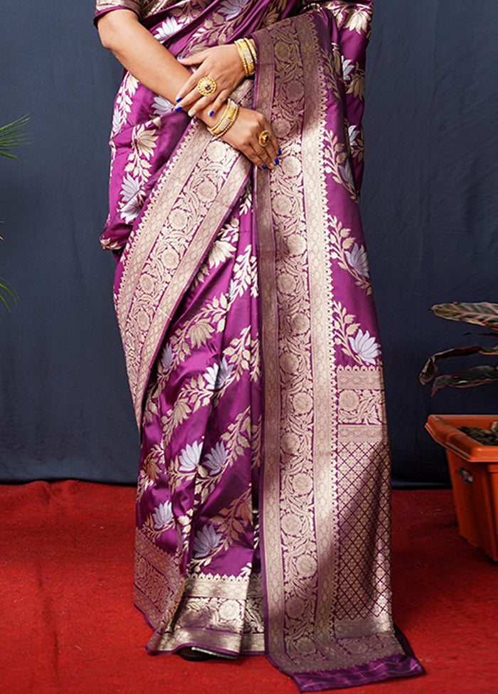 Wine Banarasi Silk Saree With Blouse Piece