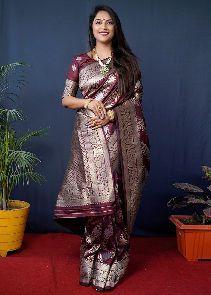 Maroon Banarasi Silk Saree With Blouse Piece