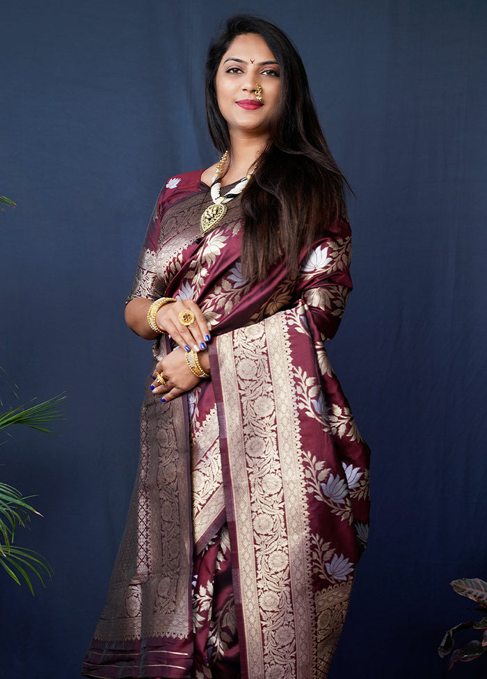 Maroon Banarasi Silk Saree With Blouse Piece