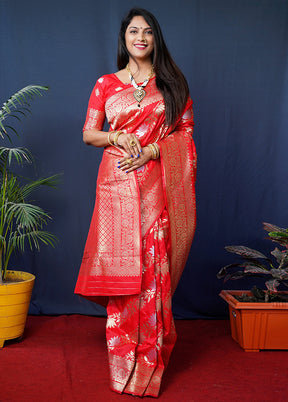 Red Banarasi Silk Saree With Blouse Piece