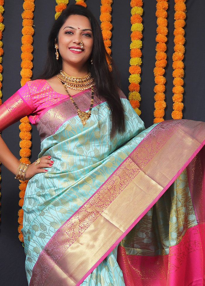 Sky Blue Kanchipuram Silk Saree With Blouse Piece