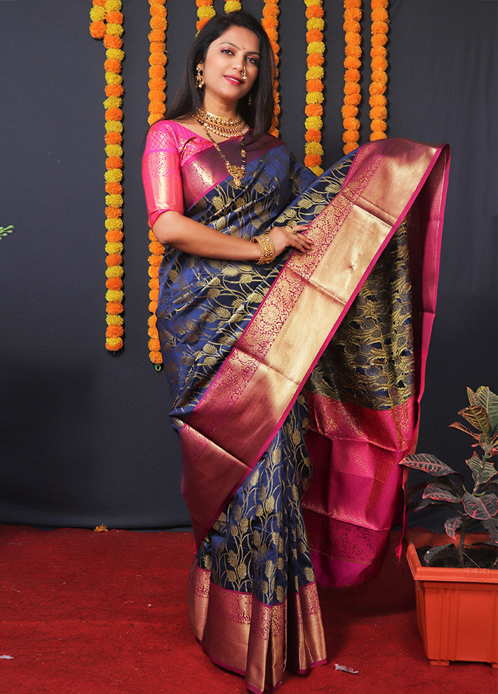 Navy Blue Kanchipuram Silk Saree With Blouse Piece