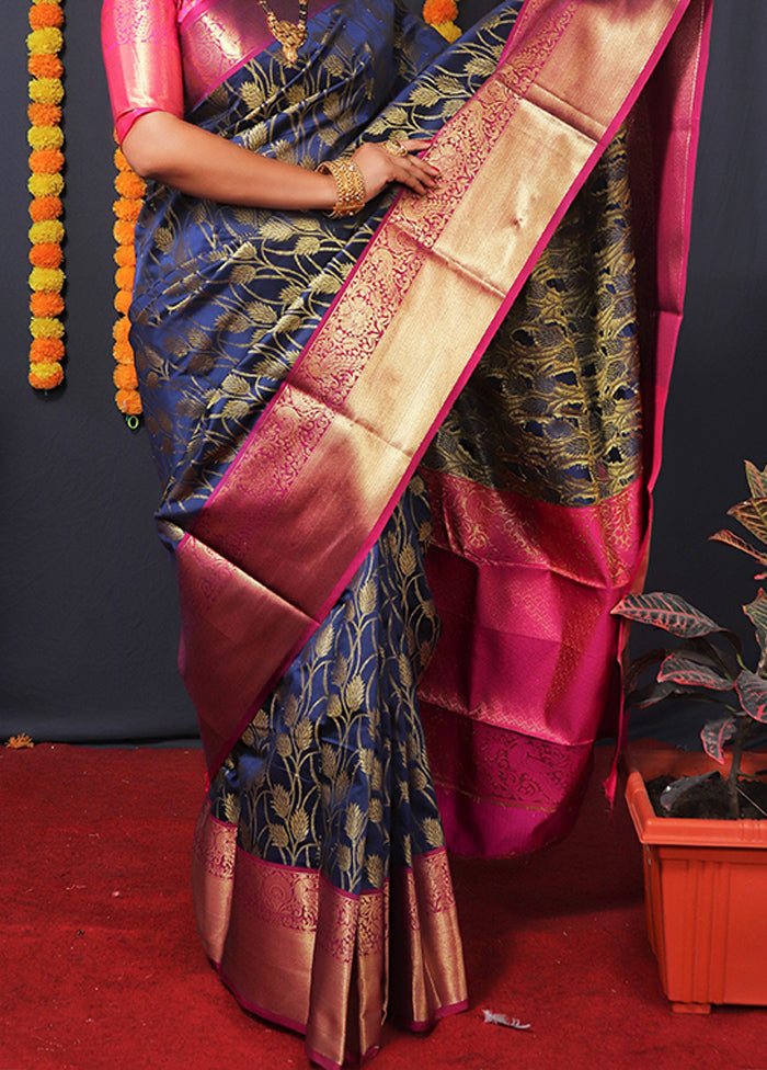 Navy Blue Kanchipuram Silk Saree With Blouse Piece